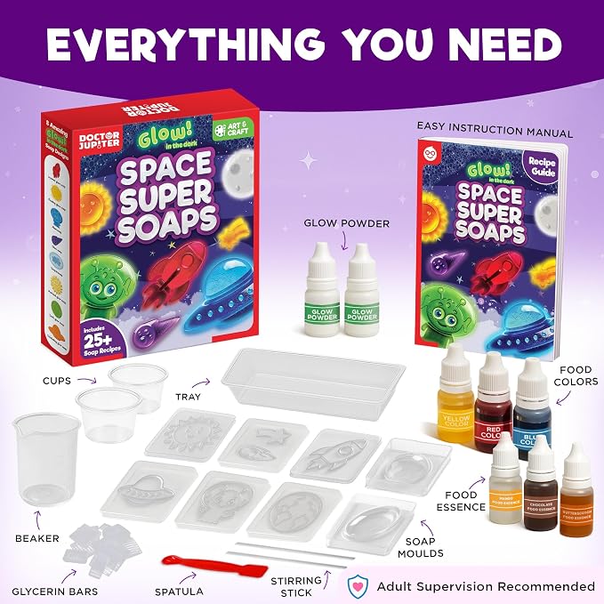 Doctor Jupiter Glow in The Dark - Space Soap Making Kit for Kids Ages 6+ | Birthday Gift Ideas for Boys & Girls 6,7,8,9,10 Year Olds, Science Kits for Kids Ages 5-7-8-12, STEM Space Toys, DIY Craft