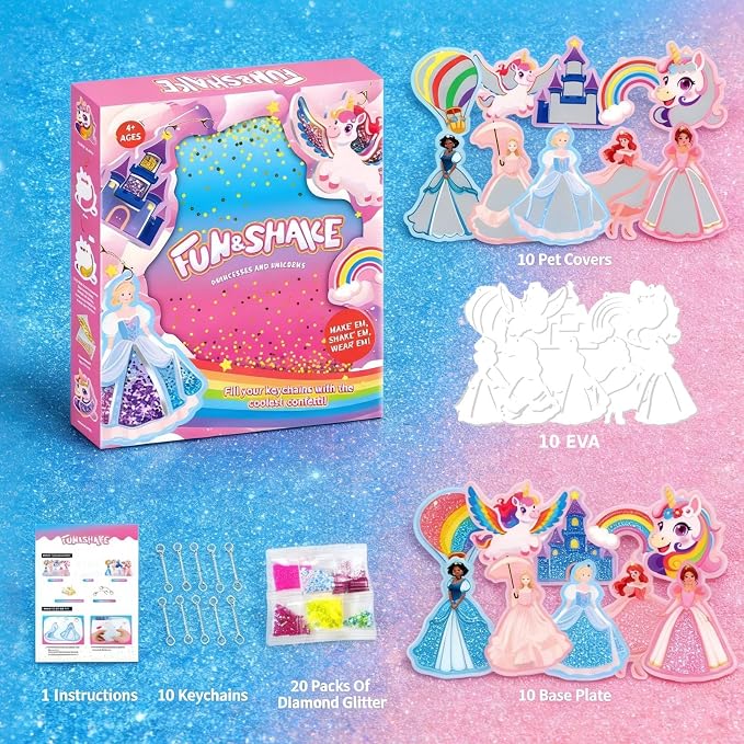Shake-its Glitter Craft Kits for Kids, DIY Arts & Crafts with Keychains | Unicorns & Princesses, Fun Shake Art Supplies, Creative Arts and Crafts Activity Gifts for Girls & Boys Ages 4 5 6 7 8 9