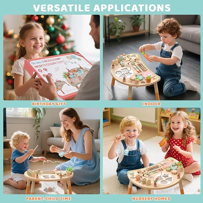 Wooden Activity Table for Toddlers, 9 in 1 Montessori Toy | Sensory Learning, Bead Maze, Shape Sorter, Fishing Game, Spinning Gears, Wood, CPSIA Certified, Gift for Boys Girls