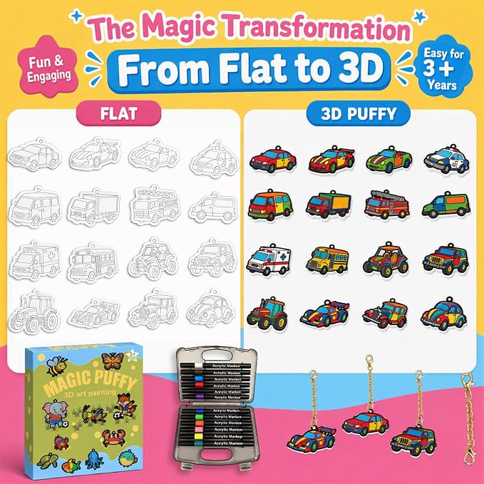 MWOMGLP Magic Foam Texture Painting Kit, 16 Pack DIY Puffy Foam Art Craft Set for Kids, 3D Sensory Painting Paper with Colorful Foam Sheets, Creative Gift for Boys Girls Ages 3+(Car)