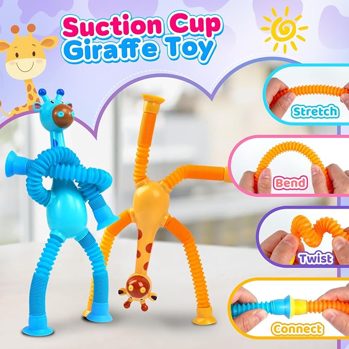 Giraffe Sensory Travel Toys 4Pcs for Road Trip Car Ride Airplane Toddler Girl Year Old Ages 3 4 5 6 7 8, Suction Autism Pop Tube Fidget Toy Autistic Valentines Day Stocking Easter Basket Stuffer Gift