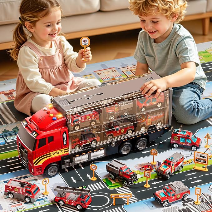 Carrier Truck Toddlers Toys for 3 4 5 6 7 Years Old Boys, Toy Truck Transport Car & Die-Cast Car and Play Mat, Fire Toys Birthday Gifts for Kids 3 4 5 6 7 8+ Years Old Boys Girls