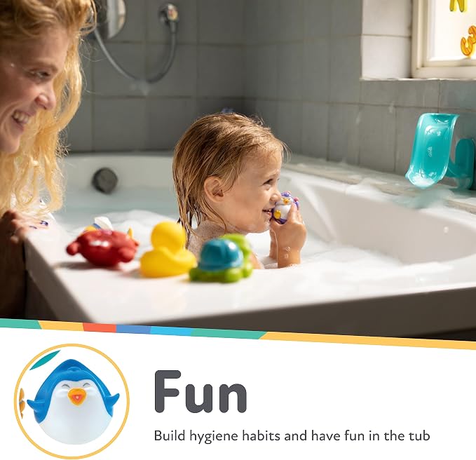 Nuby Penguin Slide Bath Toy Play Set with 4 Bath Squirters - Baby Bath Toys for Boys and Girls 12+ Months - Suction Cup Toy Attaches to Shower Wall