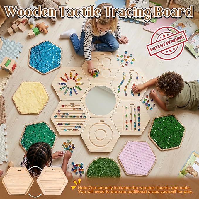 13-Piece Wooden Sensory Wall Panel Set with Double-Sided Activities,Hexagon | Double-Sided Tactile Boards with Interchangeable Texture Pads,Fine Motor & Finger Tracing Paths