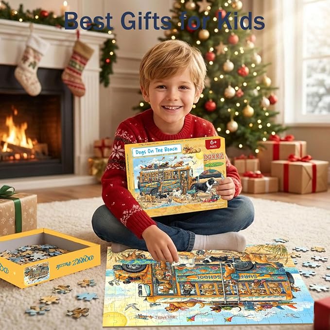 Puzzles for Kids Ages 6-8 8-10 - 200 Piece Dogs On The Beach Surf Puzzle | Educational Learning Toys.Colorful Children Puzzles for 6 7 8 9 10 11 12 Years Old Boys and Girls.Birthday and Holiday Gifts