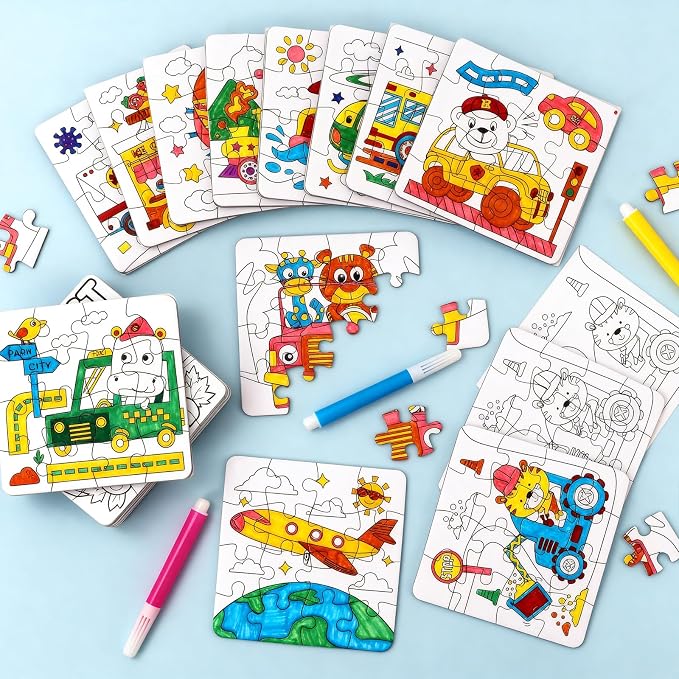 Transportation Puzzle Craft for Kids-Train Party Favors DIY Activities Toys | 24Pcs Color Your Own Car Blank Jigsaw, Fall Classroom Gift for Toddlers & Adults Art Party Favors Coloring Game Supplies Bulk