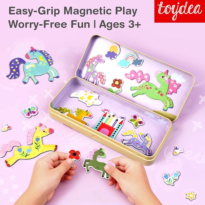 Magnetic Puzzle Box for Kids Ages 3-5, Unicorn Travel Puzzle Game | 30+ Magnetic Pieces, Inspire Fantasy Imagination, Quiet Travel Toy, Gift for Girls and Boys