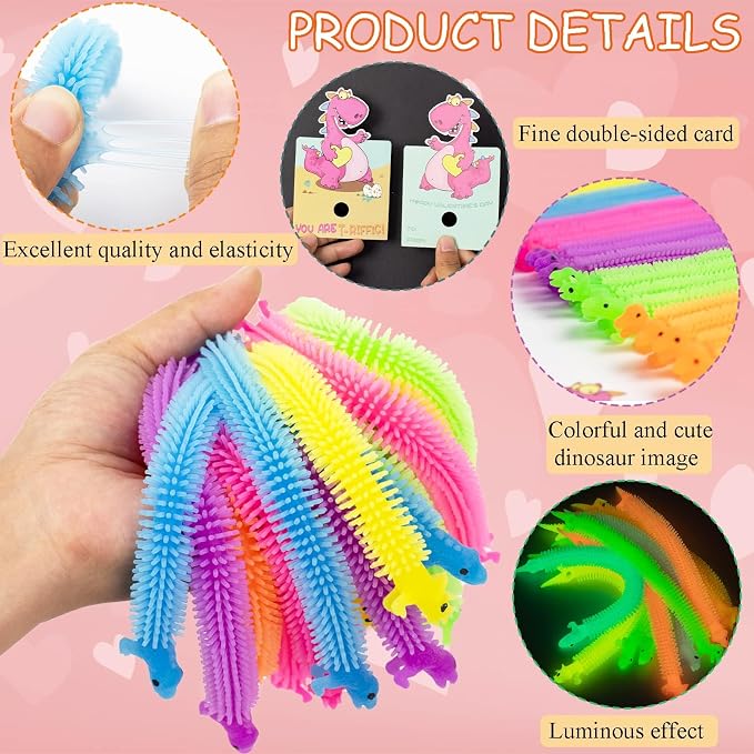 Valentines Day Cards for Kids - 24Pcs Dinosaur Cards With Glow in Dark Stretchy String Sensory Fidget Toys for Party Favors, Classroom Exchange Gifts, School Supplies