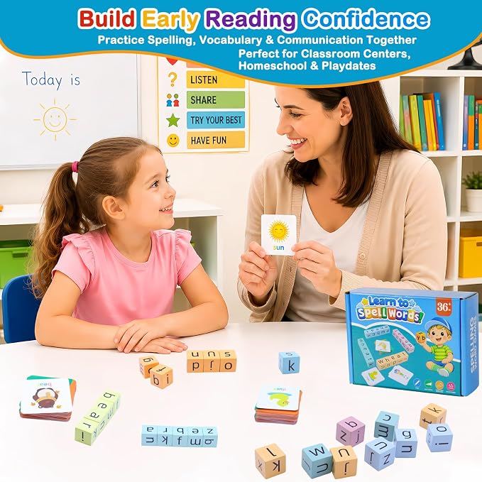 Spelling Games for Kids Ages 3-8, Phonics Matching Game with 54 Flash Cards & 20 Letter Blocks, CVC & Sight Word Building Reading Game, Classroom Must Haves for Preschool & Kindergarten