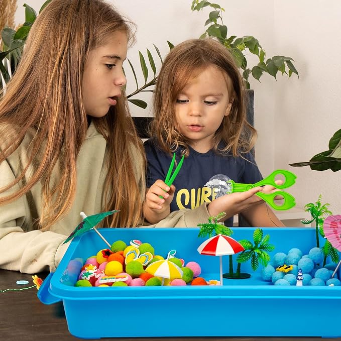 Cinrobiye 155 Pcs Beach Sensory Bin Fillers Set, Tropical Summer Sensory Bin with Palm Tree, Pineapple, Beach Accessories for Preschool Classroom Activities, Fine Motor Skills & Homeschool Learning