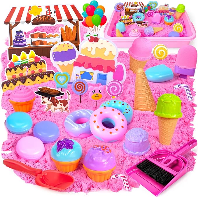 Hymaz Play Sand Kit for Girls, Ice Cream Sensory Bin Sandbox | Creative Bake Shop with 2.2lbs Magic Sand, Ice Cream & Cake Models, Cleaning Tools, Pretend Beach Cake Stand Toys Gift