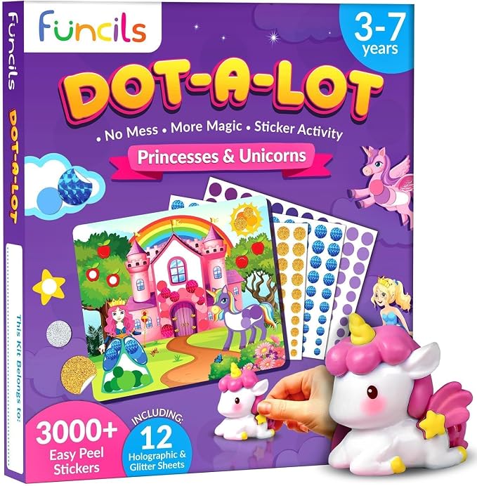 Dot Art Activity - Unicorn & Princess Sticker Kit, Toys for 3 Year Old Girl | Toddler Art & Craft Supplies for Kids, Birthday Gifts for Boys & Girls Ages 3, 4, 5, 6, 7 Year Old - Travel Toys for Airplane