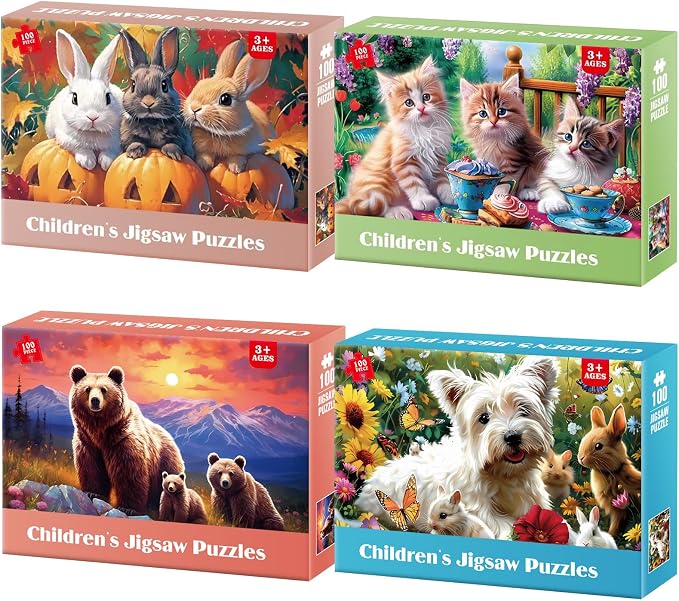 Jeacirio 4 Pack 100 Piece Puzzles for Kids Ages 4-6, 6-8, 8-10, Cute Animal Jigsaw Set with Rabbits, Kittens, Bears & Puppy Friends, Large Piece Gift Set with Posters and Storage Bags