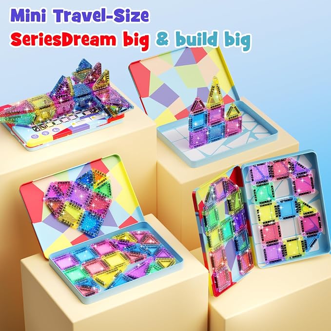 Travel Glitter Magnetic Block Set with Storage Box | STEM Educational Sensory Preschool Building Toy for Toddlers, Ideal Kids Gifts for Ages 3-6