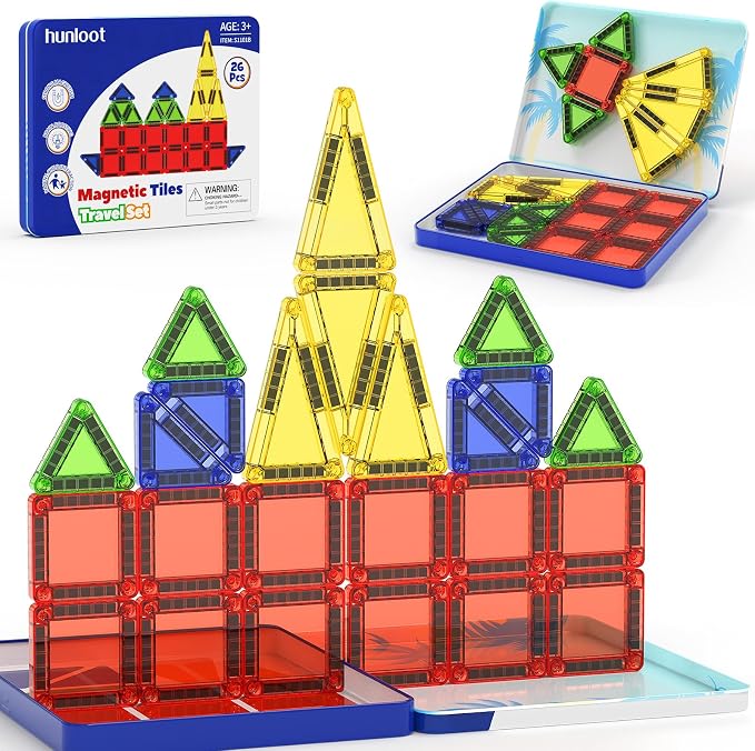 Mini Magnetic Tiles Travel Set: Holds 5+ Blocks, Strong Magnets for Car | 26PCS iron box, 45s quick storage. Ideal for plane & restaurant play, STEM toy for ages 3-8.