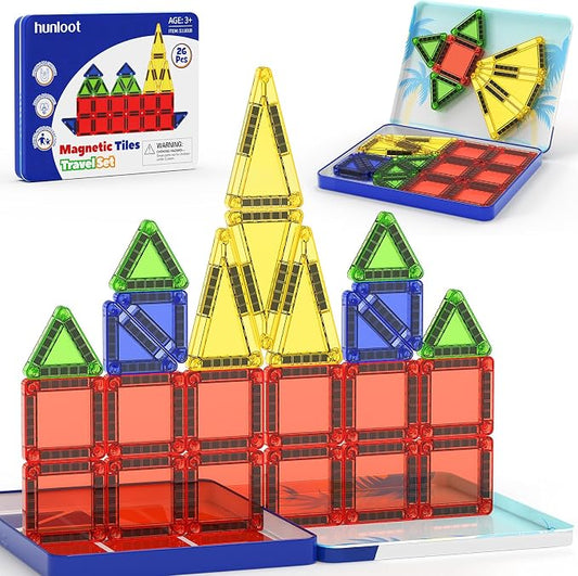 Mini Magnetic Tiles Travel Set: Holds 5+ Blocks, Strong Magnets for Car | 26PCS iron box, 45s quick storage. Ideal for plane & restaurant play, STEM toy for ages 3-8.