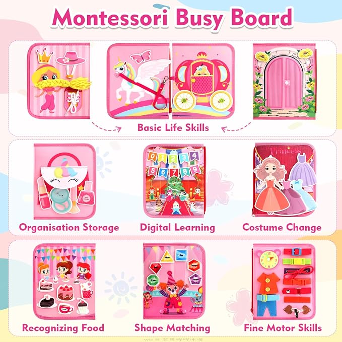Teensymic Montessori Busy Board for Toddlers Ages 3+ – Portable Travel Quiet Book for Fine Motor Skills, Practical Life & Cognitive Learning, for Boys & Girls