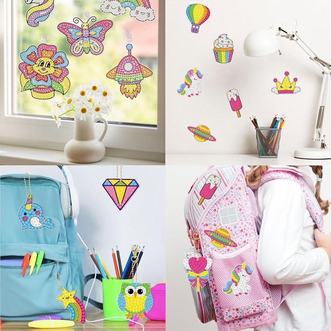 BANBBUR 16 Pcs Gem Art for Kids Ages 4-8 8-12, Kids Diamond Art and Crafts | Gem Art Kit with 5 Suncatchers/5 Keychains/6 Stickers,Christmas Crafts for Kids,Birthday Gifts Christmas Stocking Stuffers
