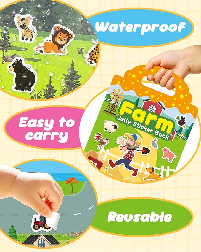 Zartores 6 Pack Jelly Reusable Sticker Book for Toddlers, Stickers for Kids | Screen-Free Travel Toys, Mess-Free Toddler Activities Toys, Airplane Car Road Trip Essentials Kids, Boys Girls Birthday Gift