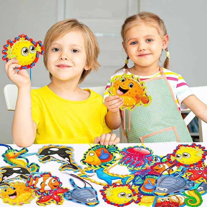 12 Pcs Lacing Cards for Kids, Sea Animals Sewing Cards with 12 Colorful Laces, Thicken Double Sided Lacing Playing Games for Children Developing Imagination Education Supplies