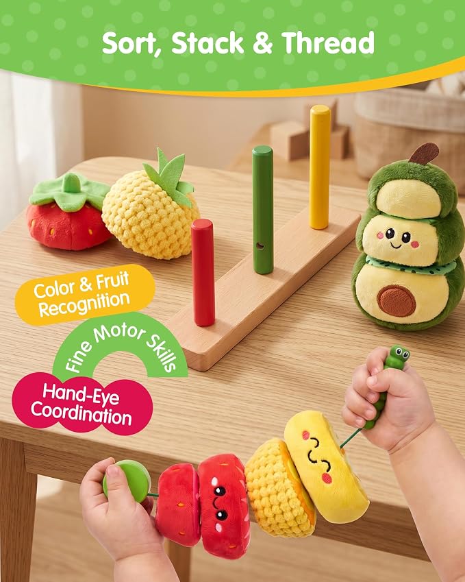 hahaland Montessori Toys for 1 Year Old Girl Boy, Stacking Rings Baby Toy | Soft Sorting & Stacking Toy Fruits with Wooden Stacker, Threading Set for Toddlers 1-3 Developmental 1st Birthday Girl Gifts
