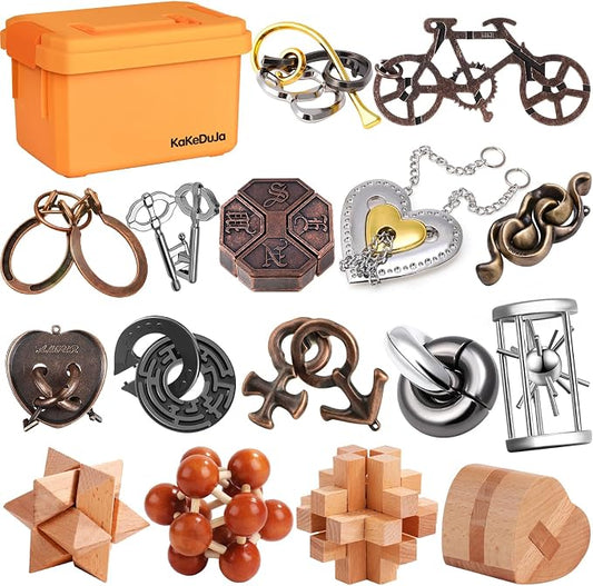 Metal Brain Teaser Puzzles Disentanglement Puzzles Metal Wooden Brain Teaser Puzzle 16pcs Logic Metal Puzzle for Adult Kid Toy Lock Puzzles Gift for Adults Teenagers Kids