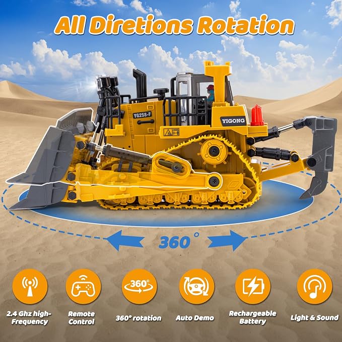 Remote Control Bulldozer Toys, Construction Vehicles Trucks for Kids | Metal RC Electric Tractor Loader Toys, Christmas Birthday Gifts for 3 4 5 6 7 8 9 10 11 12 Year Old Boys Girls Kids