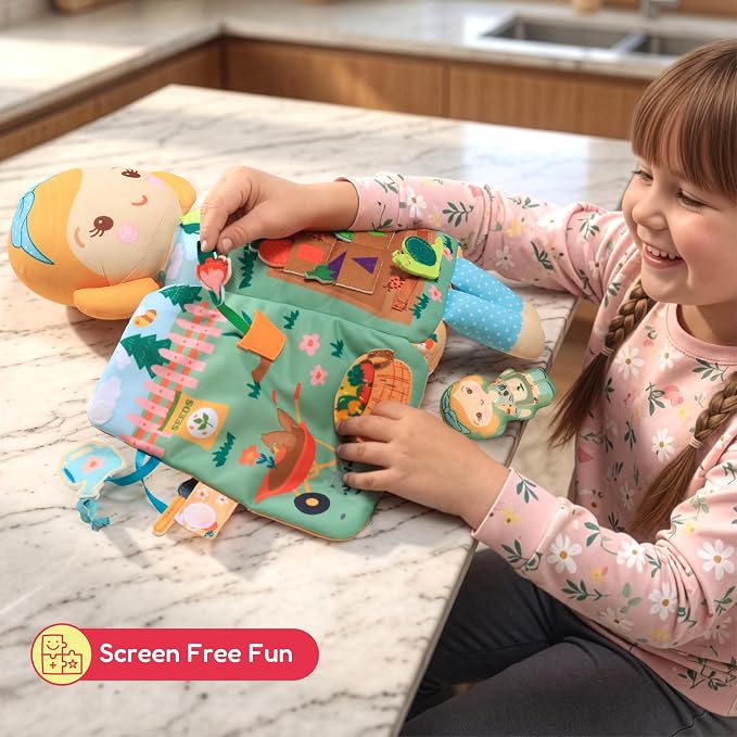 Rosie the Gardener– 2-in-1 Soft Activity Doll & Busy Book | Screen-Free Travel Plush Toy with Tethered Pieces for Toddlers and Preschoolers ages 1–4 by Aleni Brands