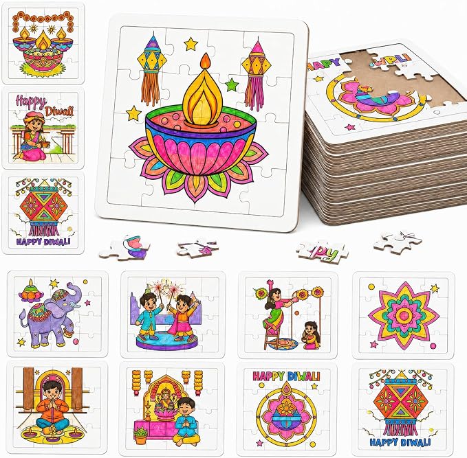 Cinrobiye 24 Pcs Diwali Coloring Puzzle Craft, Deepavali Festival of Lights DIY Activity Jigsaw Puzzle Set, Indian Festival Decorations for Classroom, Home Celebration, Cultural Events, Party Favors