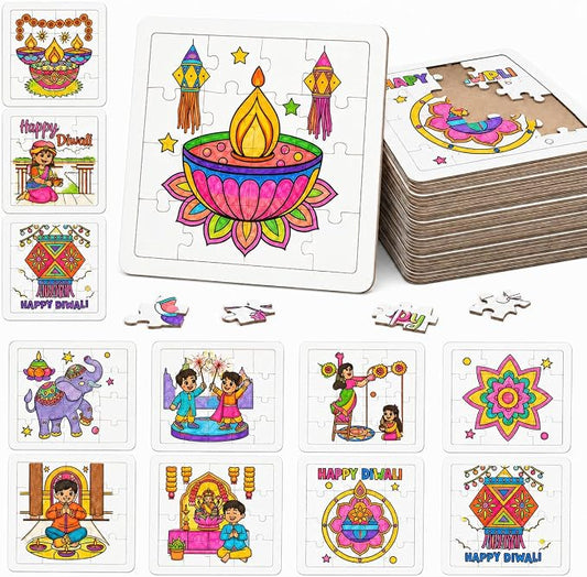 Cinrobiye 24 Pcs Diwali Coloring Puzzle Craft, Deepavali Festival of Lights DIY Activity Jigsaw Puzzle Set, Indian Festival Decorations for Classroom, Home Celebration, Cultural Events, Party Favors