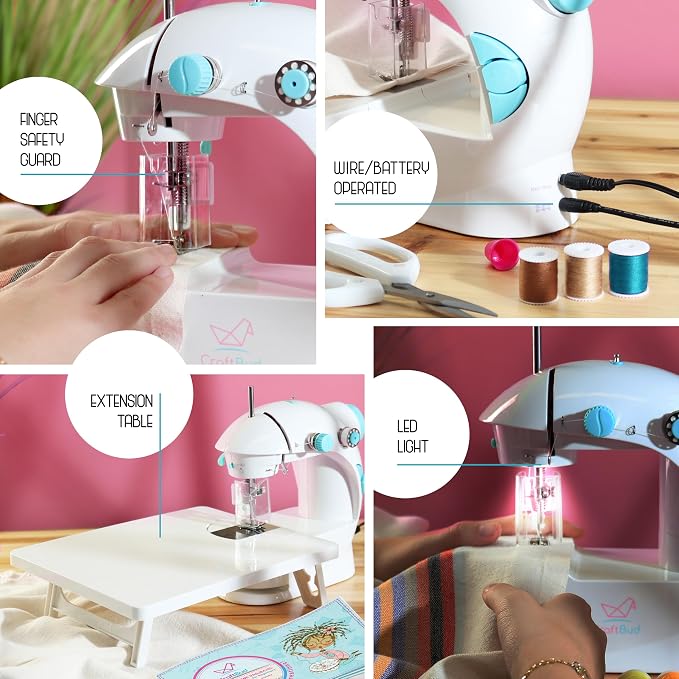 CraftBud Mini Sewing Machine for Beginners, Adults and Kids Sewing Machine | 122-Piece Sewing Kit Accessories, Portable, Dual Speed, Extension Table, Foot Pedal, Built-in Light, Guide Book & More, White