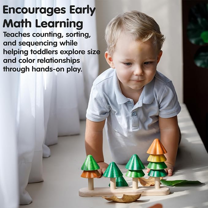 PlanToys® Wooden Sort & Count Trees Montessori Kids Counting Stacking Toy | wooden sort count trees, montessori counting stacking, numbers colour sorting logical thinking, educational learning, toddler