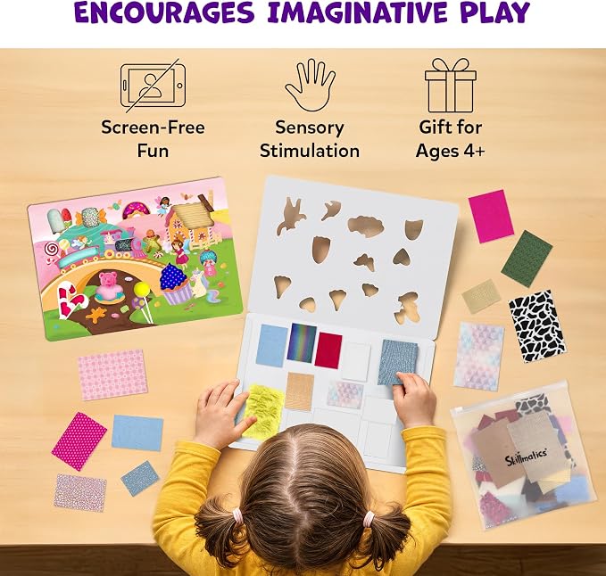 Skillmatics Fab Tabs – Unicorns & Princesses, Fabric Art, Sewing Craft Kit | Peel & Stick Sticker Activity, Mess-Free Play, Travel Toy, Gifts for Boys & Girls Ages 4, 5, 6, 7, 8, 9