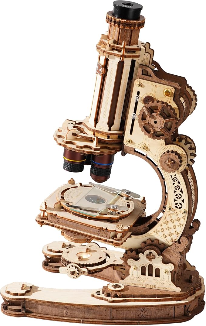 ROKR Wooden 3D Puzzle Building Kit, Real Optical Microscope with 40X-400X Magnification, STEM Science Toy for Students and Adults(ST005)