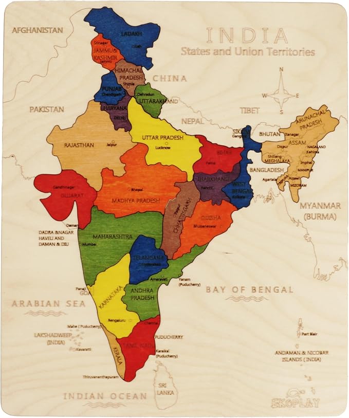India Map Wooden Jigsaw Puzzle for Kids | 22 Puzzle Pieces | Learning & Educational Toy Gift for Boys & Girls Ages 4 Years and Above