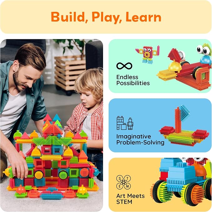 PicassoTiles 240 Piece Hedgehog Bristle Blocks 3D STEM Building Toy Ages 3+ | Easy angle-to-angle connections, vivid colors, creative exploration, spatial reasoning, fine motor skills, solo or group play
