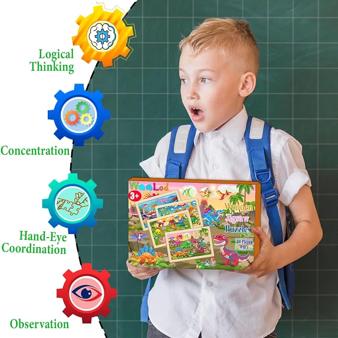 Wooden Puzzles for Kids Ages 4-6, 4 Pack 24 Pcs Toddler Puzzles Set for Ages 3-5, Educational Toys Gift for Boys Girls 3 4 5 6 7 8 (Dinosaur Land, Volcano, Sea & Forest Dino Worlds)