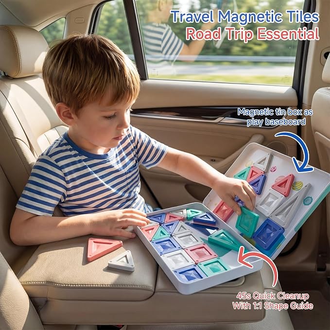 Magnetic Tiles Travel Tin Set: Airplane Activities for Kids Ages 4-8 | 40 Pcs Morandi Building Blocks, 90+ Mins Quiet Play, 45s Cleanup, Powerful Magnets, Holds 7 Tiles, Portable for Car Trips