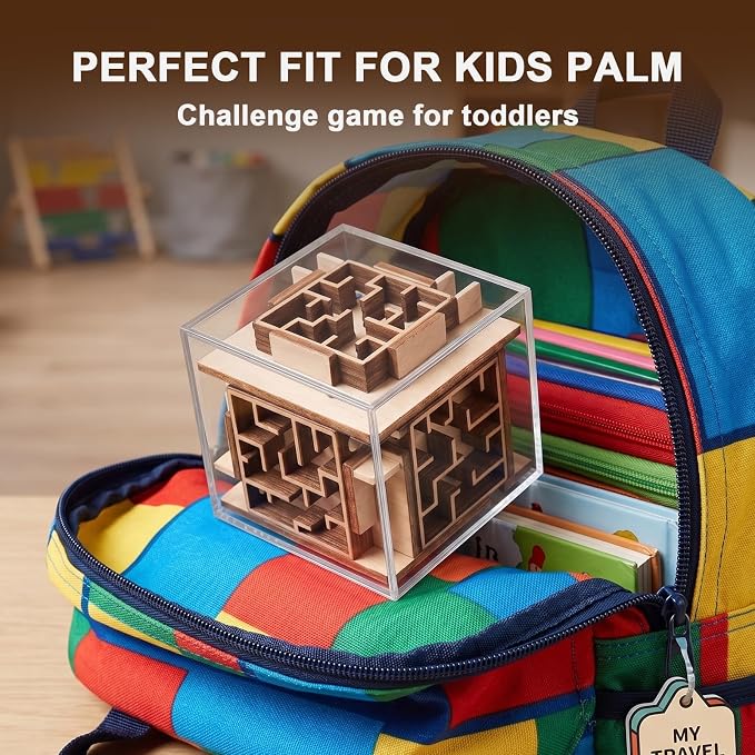 Fidget Brain Teaser Games for Kids: Wooden Puzzle Fidget Toy for Toddlers - Handheld Maze Puzzle Cube for Travel - 3D Labyrinth Game Road Trip Toys for Boys & Girls Ages 3-8