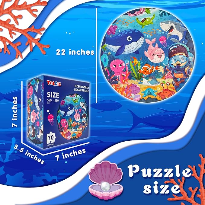 TALGIC Puzzles for Kids Ages 4-6 with Ocean & Underwater World, 70 Piece | Large Round Floor Puzzles, Colorful Underwater World, Educational Learning Toys for 3, 4, 5, 6, 7, 8, Gift for Boys Girls