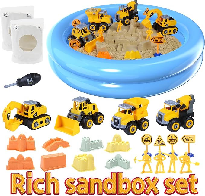 YIDESTARS Sensory Bin – Large Take Apart Trucks for Toddlers 3+ | 2.2lbs sensory sand, 4 trucks (dump/excavator/bulldozer/mixer), 8 figures, road signs, 8 molds, gift for boys girls