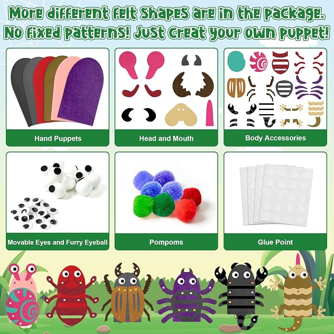 WATINC Hand Puppet Making Kit, Felt Sock Puppet Toys for Kids (Insect B) | 6 Styles, Make Your Own Storytelling & Role Play Crafts, Creative Group Activity, Party Favors & Gifts for Kids Ages 4-8