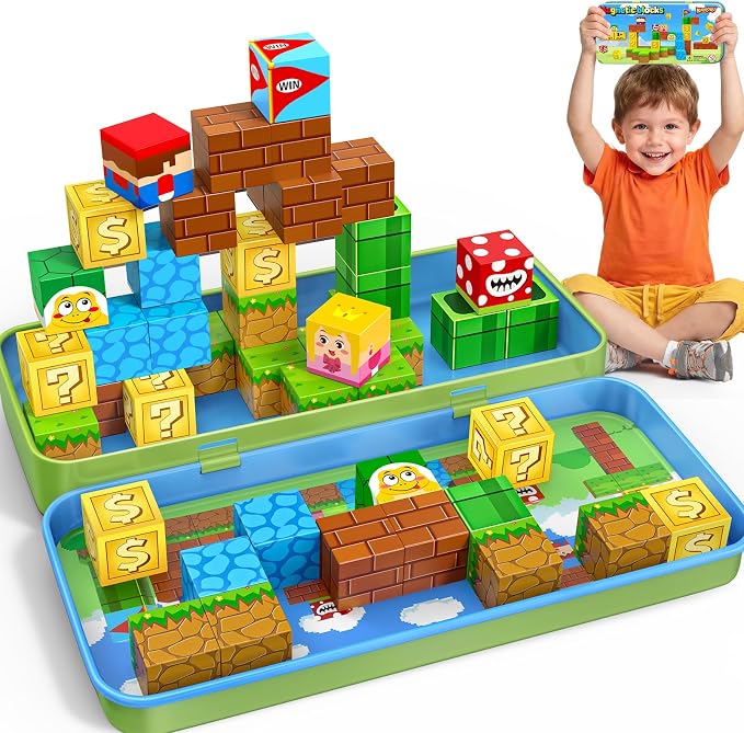 KAEILORU Magnetic Blocks Travel Toys for Kids Ages 4-8,35PCS Magnetic Cubes | STEM Learning Set with Portable Iron Storage Box Construction Learning Toys for Toddlers Ages 3-5