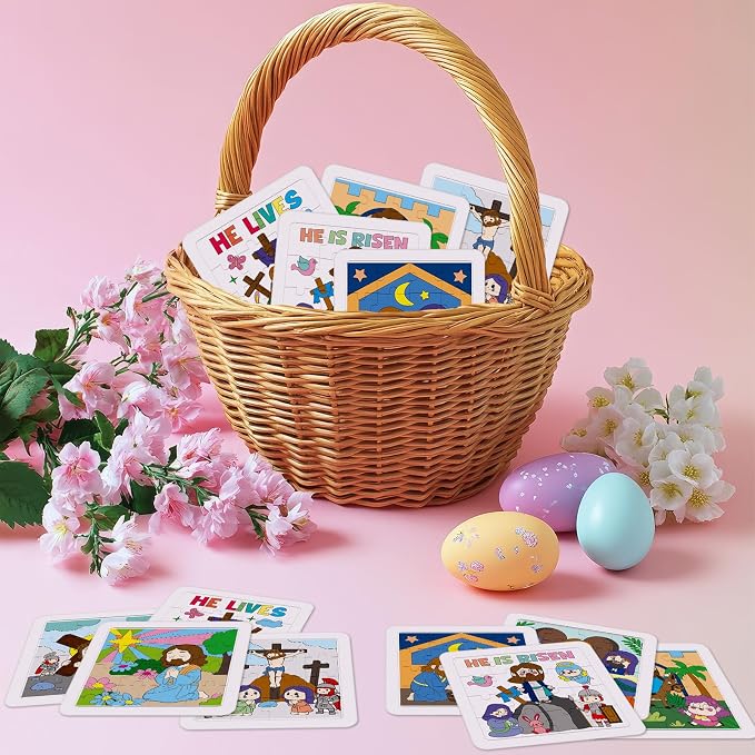 Cinrobiye 24 Pcs Christian Easter Coloring Jigsaw Craft Kit for Kids, DIY He is Risen Activity Set with 8 Designs, Religious Party Favors, Sunday School Classroom Art Projects
