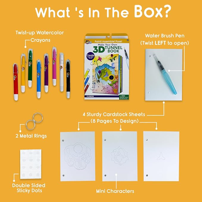 Flowers & Pots Mini 3D Tunnel Book – Hands-on Paper Craft Kit | Build, color & create a pop-in book! Mini animals, watercolor pastels & water brush included. Portable, screen-free fun! 3+