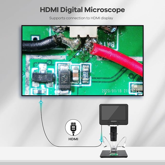 Andonstar AD246S-M 3 Lens 2160P HDMI Digital Microscope 2000x for Adults | 7 Inch LCD Soldering Microscope for Electronics Repair, Error Coins, Pro Boom Arm Stand, Windows Compatible