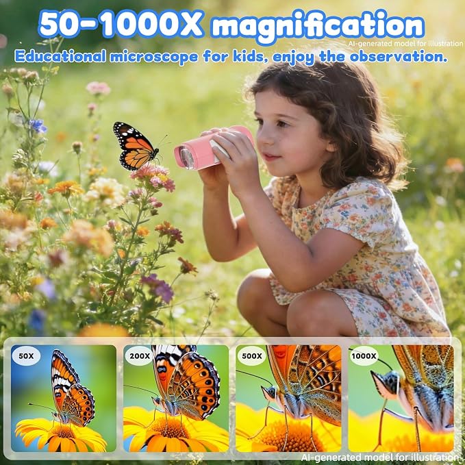 1000X Handheld Microscope for Kids: Pocket Digital Microscope with 1080P&2.0''IPS Screen&Photo/Video - Portable Edu Science Kits for Girls Boys - STEM Toys Birthday Gifts Ages 3-6 6-12(Pink)