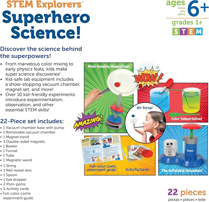 Learning Resources STEM Explorers Superhero Science!, Critical Thinking, Experiments for Kids, Magnets for Boys and Girls, Ages 6+,21 Pieces