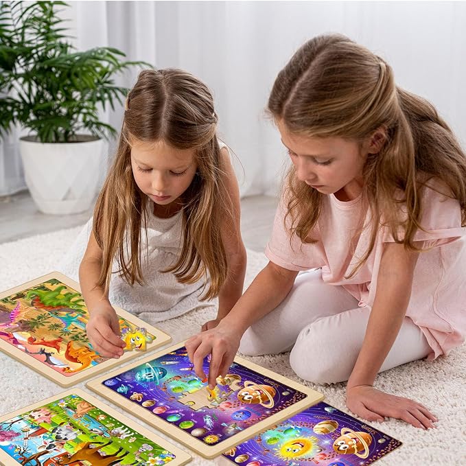 Wooden Puzzles for Kids Ages 4-6, 4 Pack 24 Pcs Toddler Puzzles Set for Ages 3-5, Early Educational Brain Teaser Toys Gift for Boys Girls 3 4 5 6 7 8 (Dinosaur, Space, Animal, Farm)