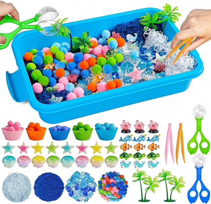 Cinrobiye 170 Pcs Ocean Animals Sensory Bin Fillers Set with Storage Box, Sea Animals, Sea Shells, Sea Stars & Under The Sea Accessories for Classroom Activities, Home Projects and Ocean Theme Decor